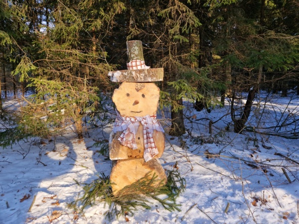 Снеговик-лесовик украшает дорогу, ведущую из Озёр в деревню Бабурино