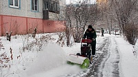 Выпавший снег убирают сотрудники ДГХ